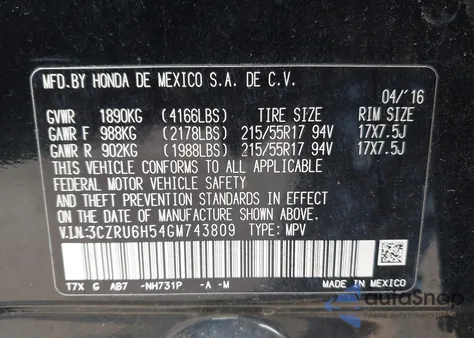 2016 Honda Hr-V Ex from USA, damaged, VIN 3CZRU6H54GM743809